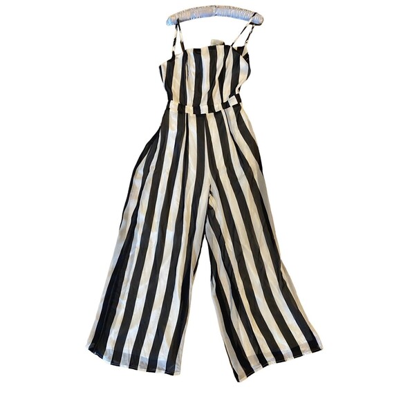 Robin Piccone Pants - Papaya Womens M Black White Striped Halter Neck Wide Leg Jumpsuit Lined Flowy